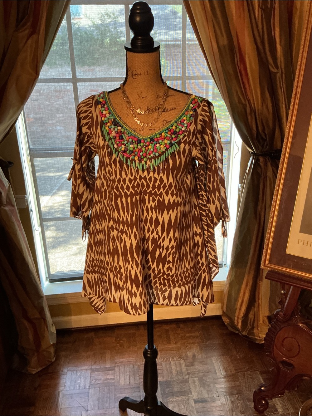 JB by Julie Brown Brown Printed Tunic with Multicolor Beaded Neckline